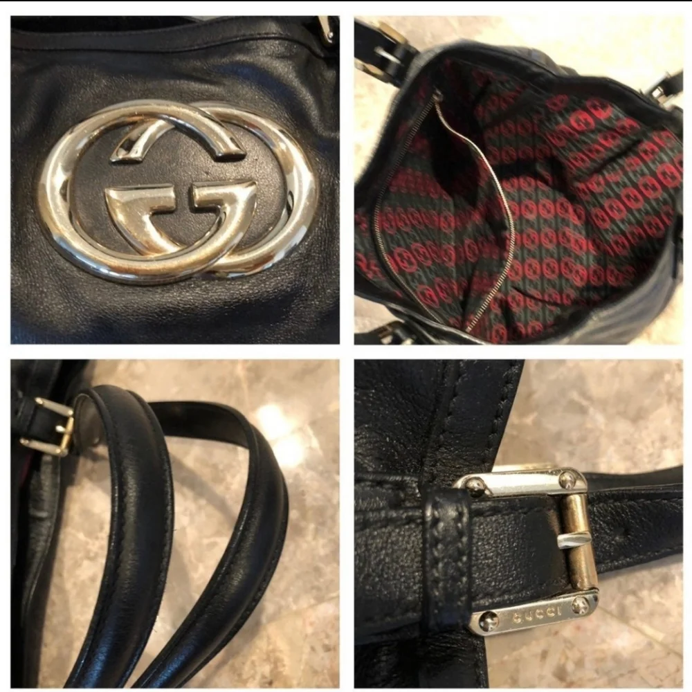 Gucci Black Leather Tote with Gold GG Emblem